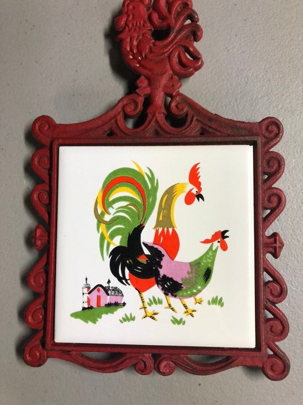 Vintage Cast Iron Rooster & Hen Farmhouse Trivet